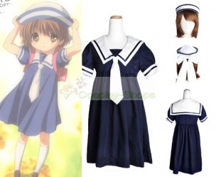 CLANNAD Ushio Okazaki Girl School Blue Dress Hat Full Set Uniform Cosplay Costume